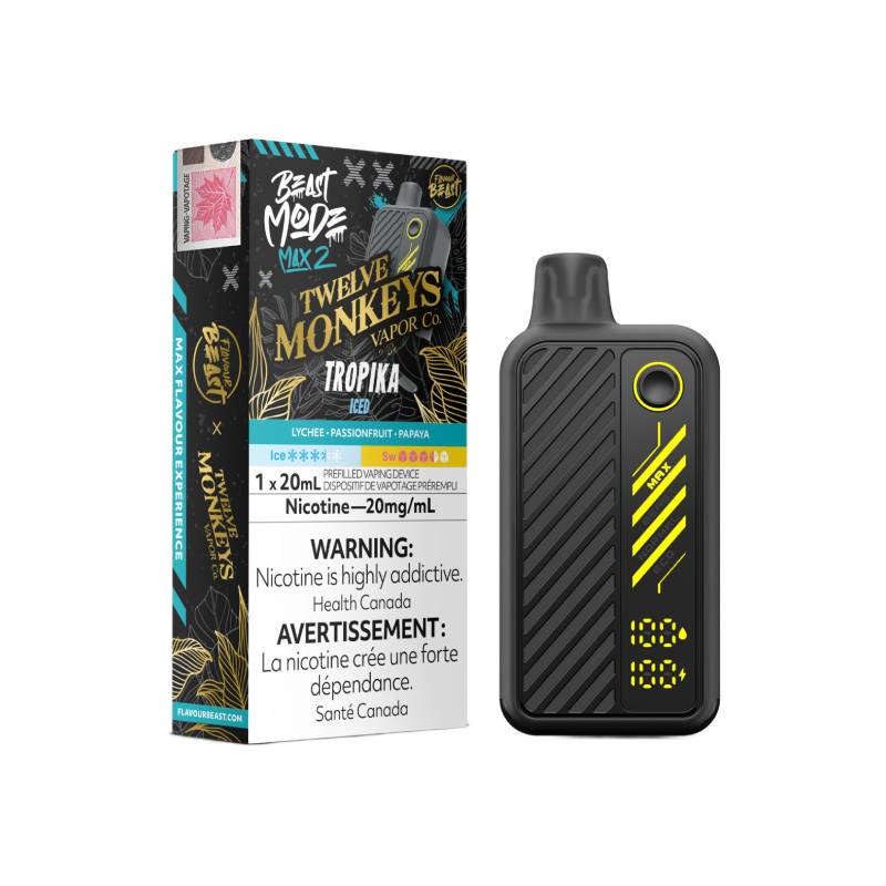 Vape device and packaging with 'Twelve Monkeys Vapor Co' branding on a white background
