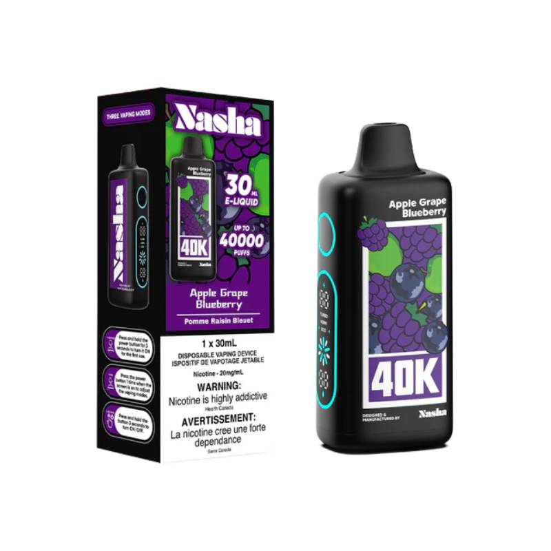 Vape jetable Nasha 40k - Pomme, raisin, myrtille Vapeluv Online Vape jetable Nasha 40k - Pomme, raisin, myrtille Vapeluv Online