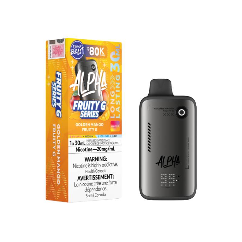 Flavour Beast Alpha 80K disposable vape Golden Mango Fruity G flavour 30mL 20mg nicotine device and packaging
