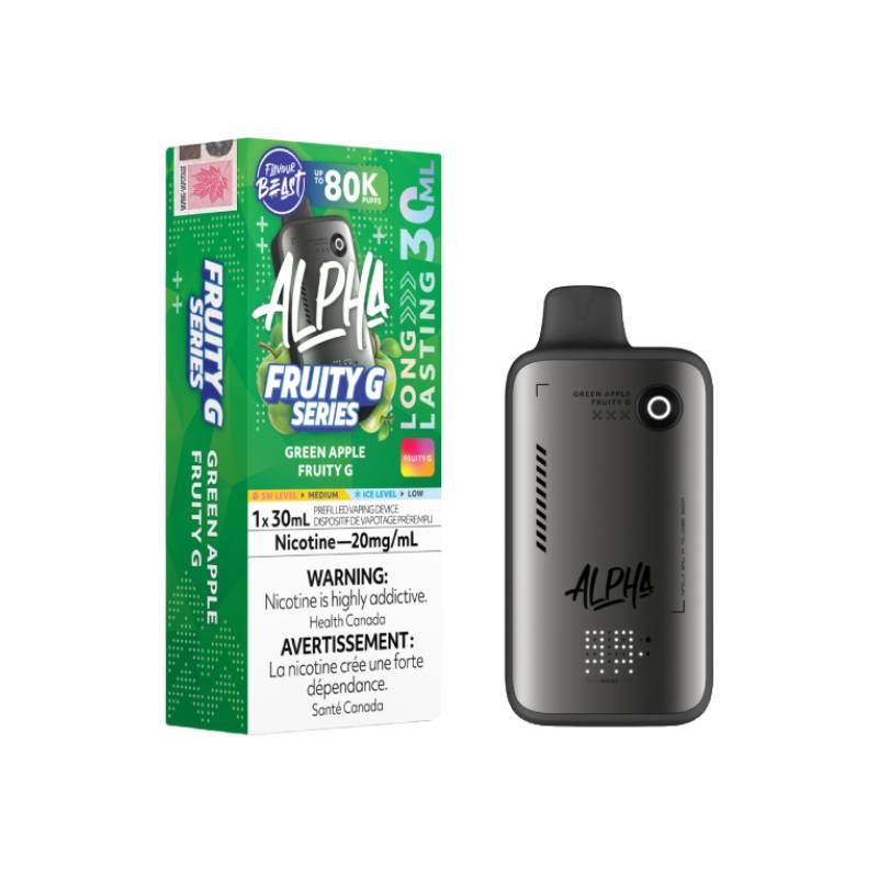 Flavour Beast Alpha 80K disposable vape Green Apple Fruity G flavour 30mL 20mg nicotine device and packaging