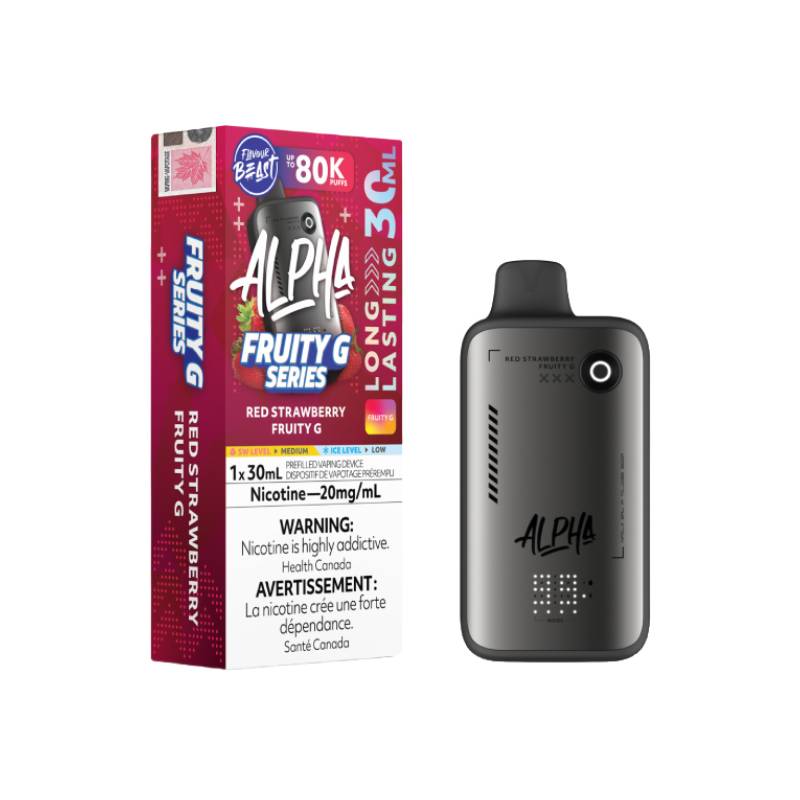 Flavour Beast Alpha 80K disposable vape Red Strawberry Fruity G flavour 30mL 20mg nicotine device and packaging