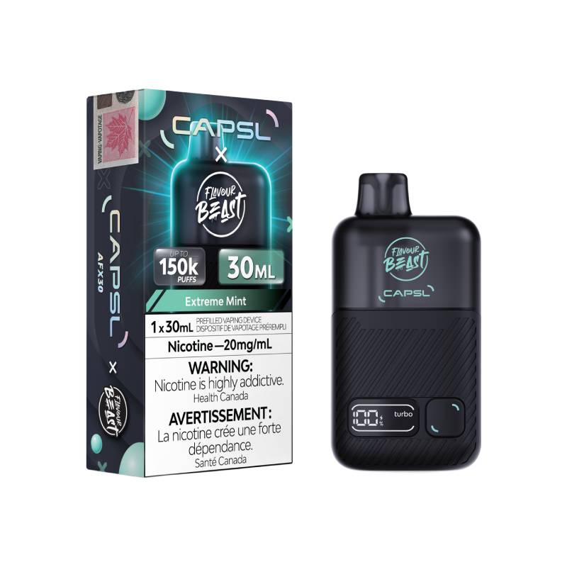 Flavour Beast x CAPSL AFX30 150K Extreme Mint disposable vape with retail packaging