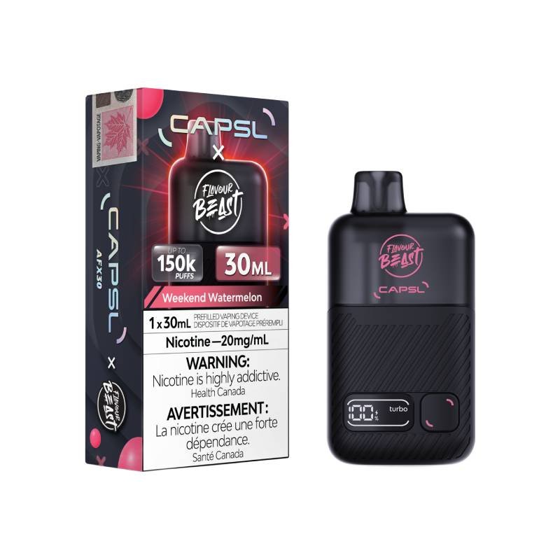 Flavour Beast x CAPSL AFX30 150K Weekend Watermelon disposable vape with retail packaging