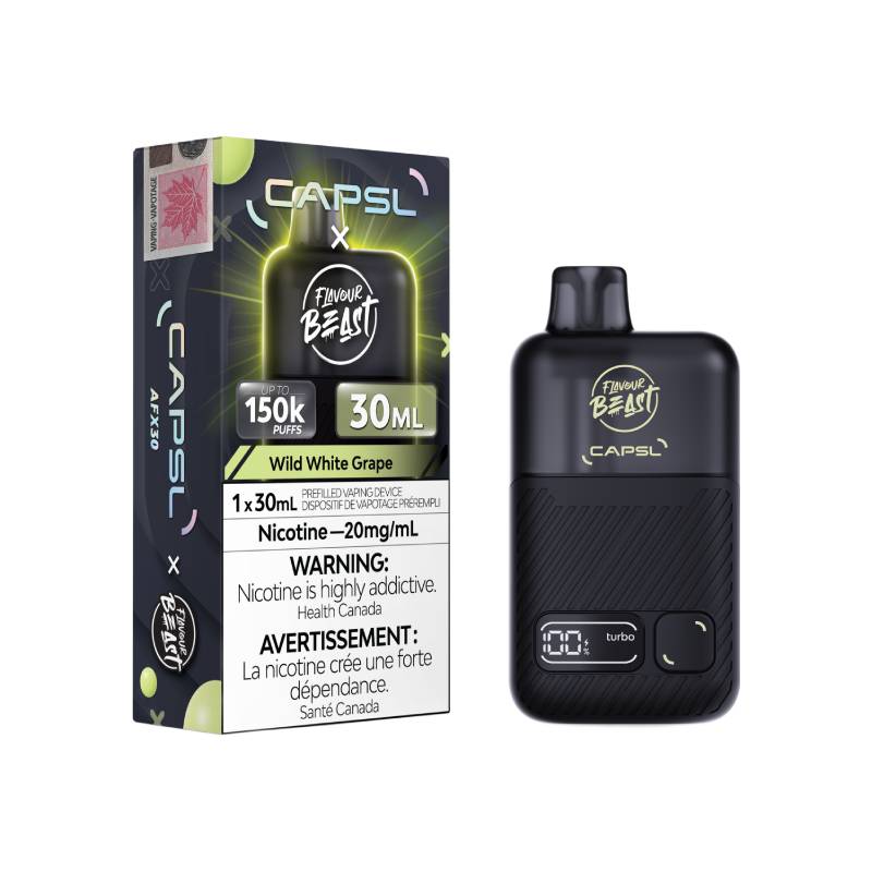 Flavour Beast x CAPSL AFX30 150K Wild White Grape disposable vape with retail packaging