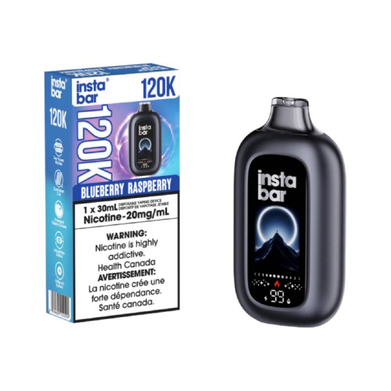 Insta Bar 120K Blueberry Raspberry Lemon disposable vape device with 30mL e-liquid capacity and 20mg nicotine strength