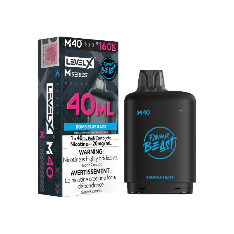 Level X M Series M40 160K Bomb Blue Razz vape pod with retail packaging