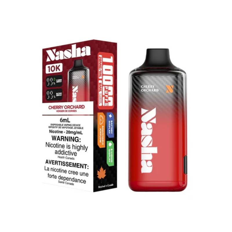 Nasha 10k Cherry Orchard disposable vape 20mg Synthetic 50 nic β rich cherry flavour inspired by fresh orchards, 10,000 puffs