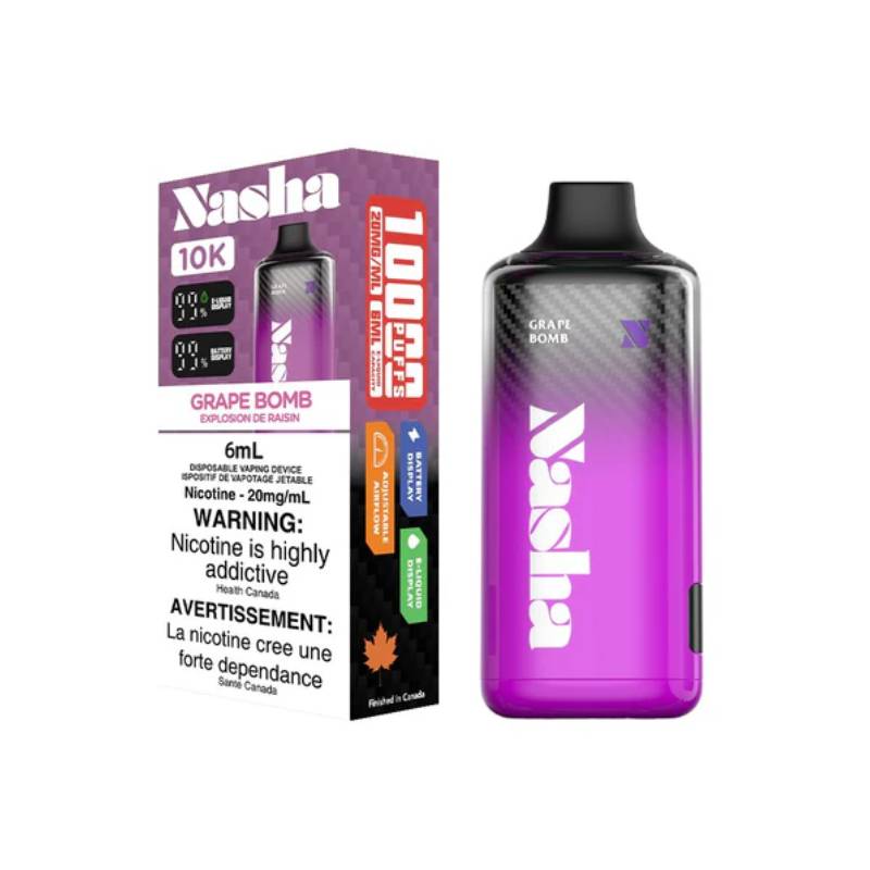 Nasha 10k Grape Bomb disposable vape 20mg Synthetic 50 nic β bold candied grape flavour, long-lasting 10,000 puff vape