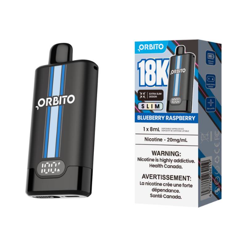 Orbito Slim 18K Peach Blueberry Raspberry disposable vape with retail packaging
