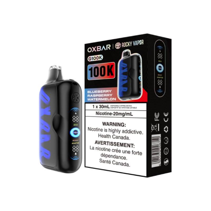 Oxbar 100K Blueberry Raspberry Watermelon disposable vape device with packaging and LED display