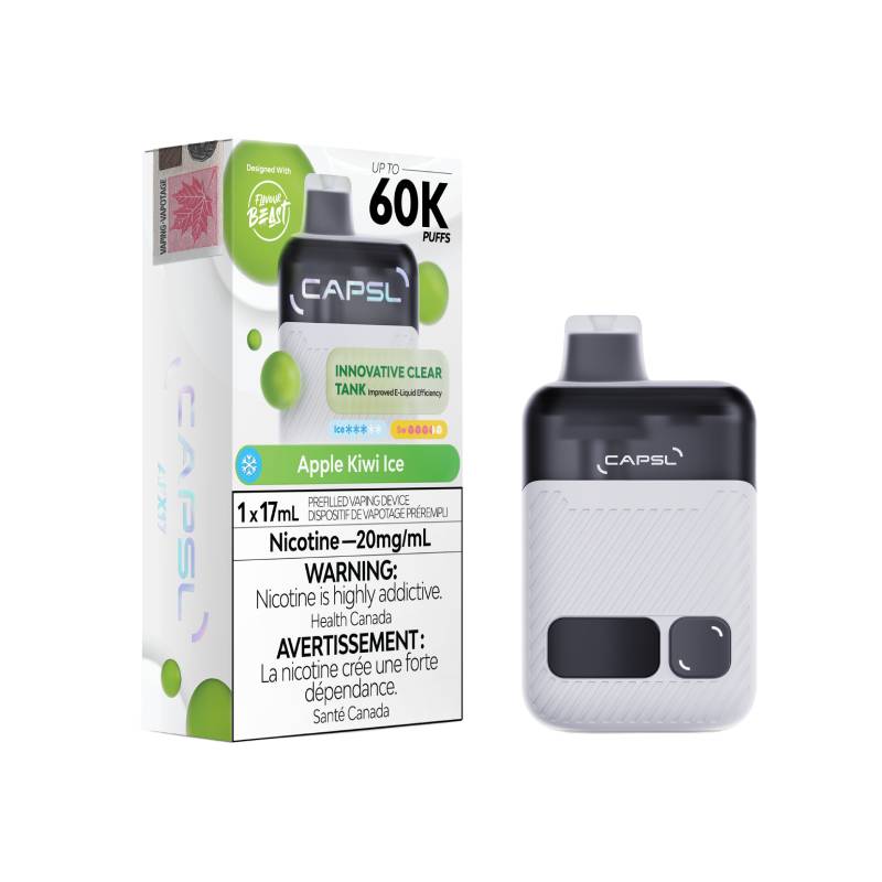 CAPSL 60K Disposable Vape in Apple Kiwi Ice flavour – crisp fruity chill, 60,000 puff max.