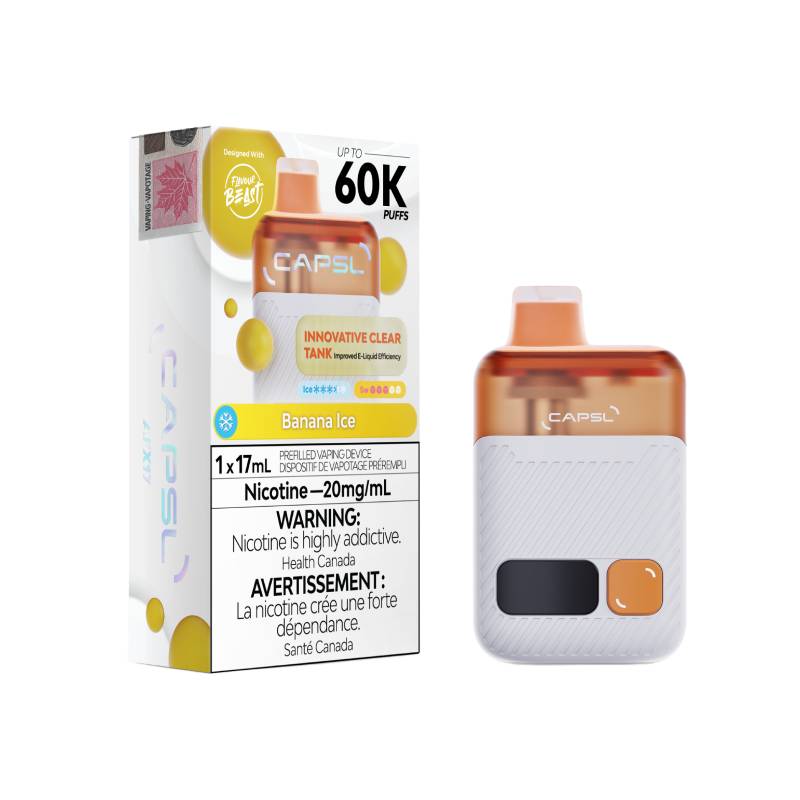 CAPSL 60K Disposable Vape in Banana Ice flavour – 60,000 puffs and 17mL e-liquid capacity.