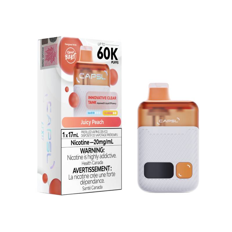 CAPSL 60K Disposable Vape in Juicy Peach flavour – smooth sweetness, 60,000 puff count.