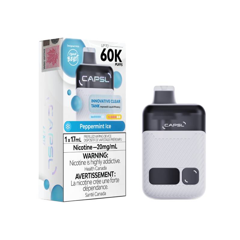 CAPSL 60K Disposable Vape in Peppermint Ice flavour – icy cool, 60,000 puffs per device.