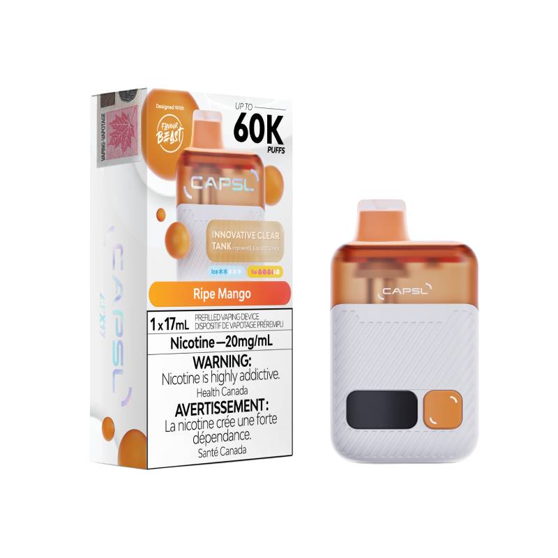 CAPSL 60K Disposable Vape in Ripe Mango flavour – tropical and juicy, 60,000 puff capacity.