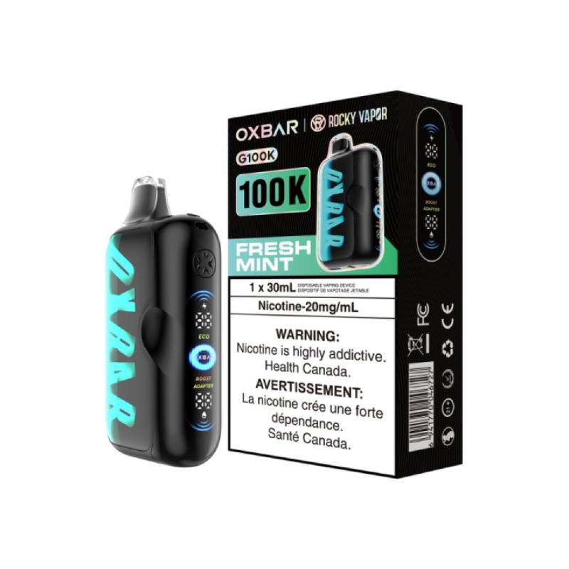 Oxbar 100K Fresh Mint disposable vape device with packaging and LED display