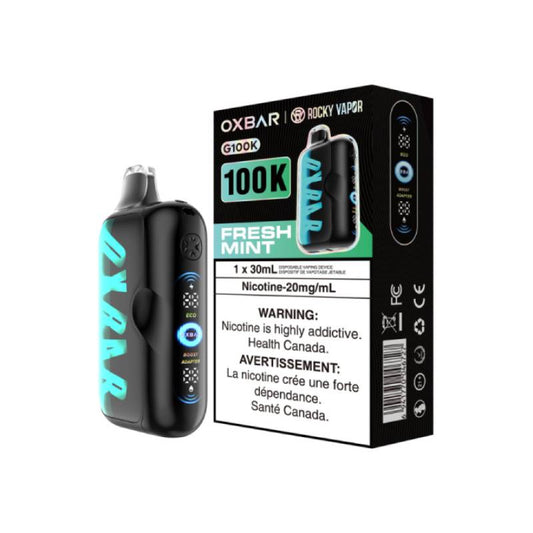 Oxbar 100K Fresh Mint disposable vape device with packaging and LED display