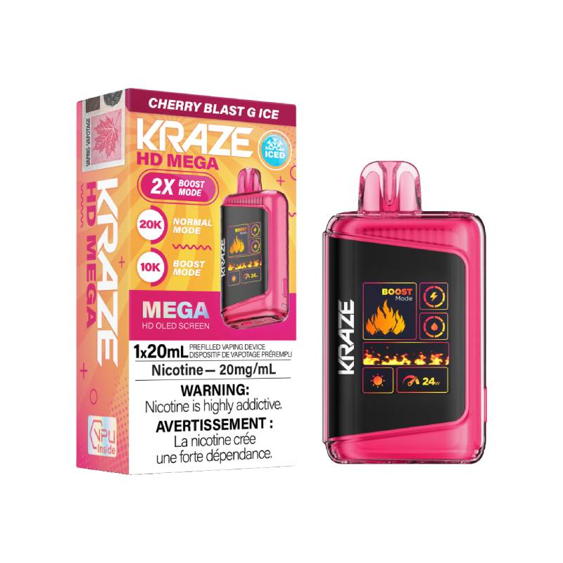 Vape jetable Kraze HD Mega - Cherry Blast G Ice, 20 000 bouffées