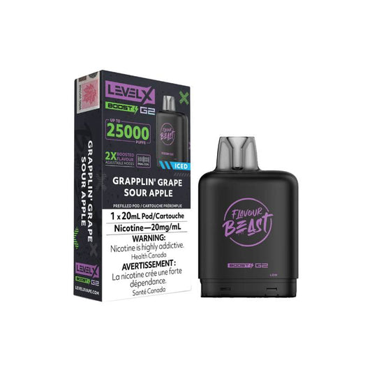 Level X Boost Flavour Beast G2 Pods - Grapplin' Grape Sour Apple Iced, 25K Puffs