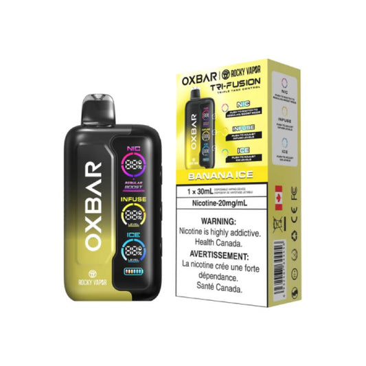 OXBAR Tri-Fusion 30mL Disposable Vape in Banana Ice flavour with packaging, featuring NIC, INFUSE, and ICE control system on a white background