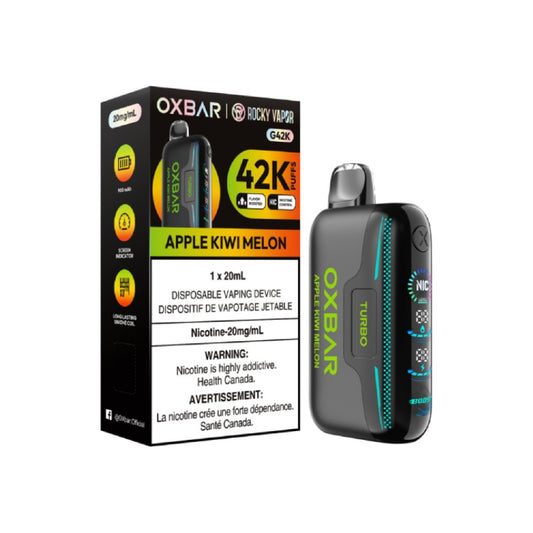 OxBar G42K - Vape jetable au goût de pomme, kiwi et melon