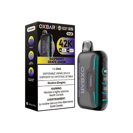 OxBar G42K - Vape jetable au citron et au raisin et à la framboise