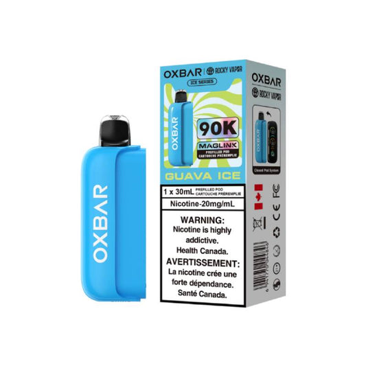 Oxbar Maglink 90K Pods Guava Ice vape pod with blue device and retail packaging showing 30mL pod capacity and 20mg nicotine strength
