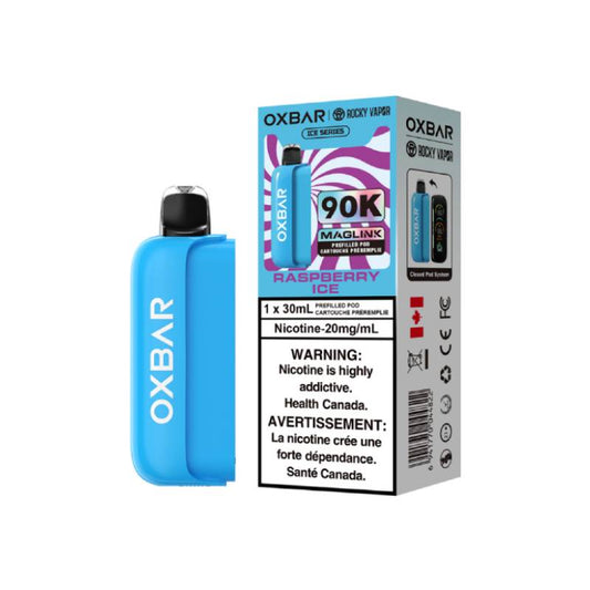 Oxbar Maglink 90K Pods Raspberry Ice flavour vape pod device with 30mL prefilled cartridge and 20mg nicotine strength packaging