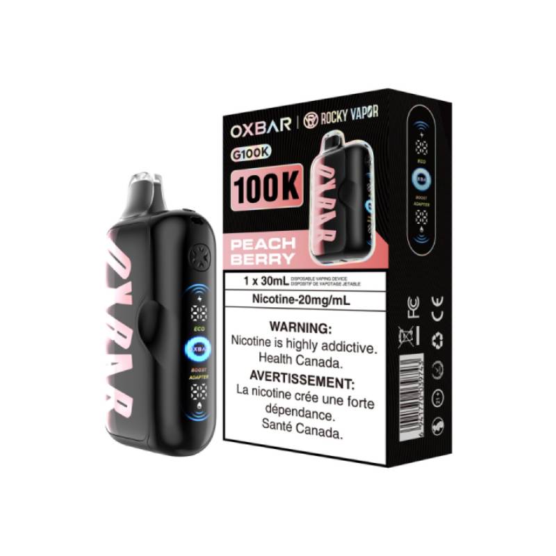 Oxbar 100K Peach Berry disposable vape device with packaging and LED display