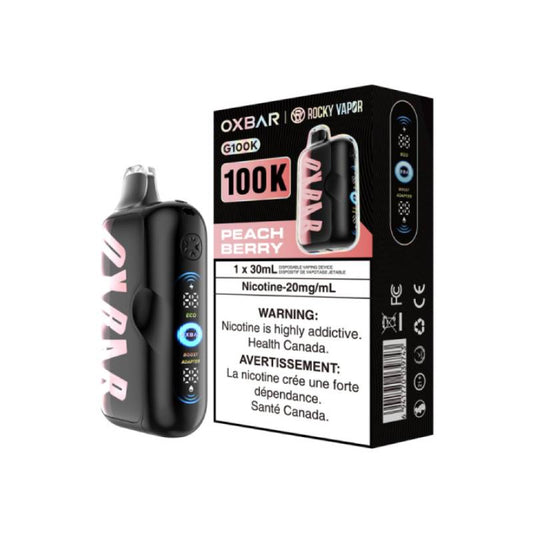 Oxbar 100K Peach Berry disposable vape device with packaging and LED display