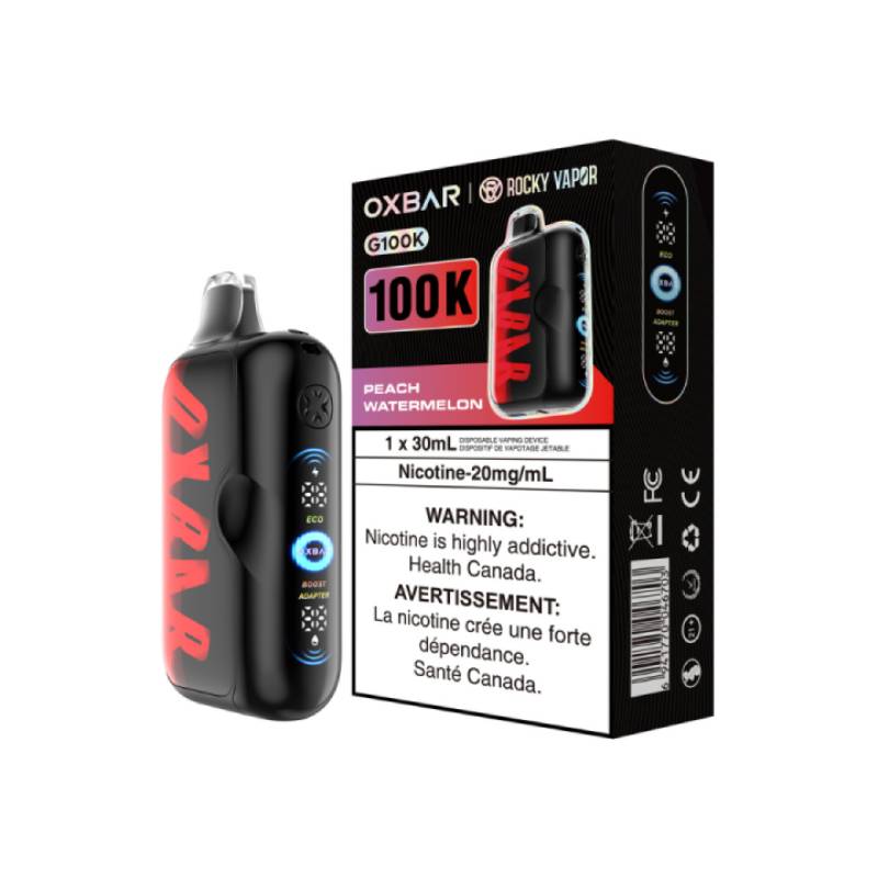 Oxbar 100K Peach Watermelon disposable vape device with packaging and LED display