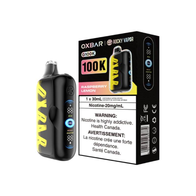 Oxbar 100K Raspberry Lemon disposable vape device with packaging and LED display