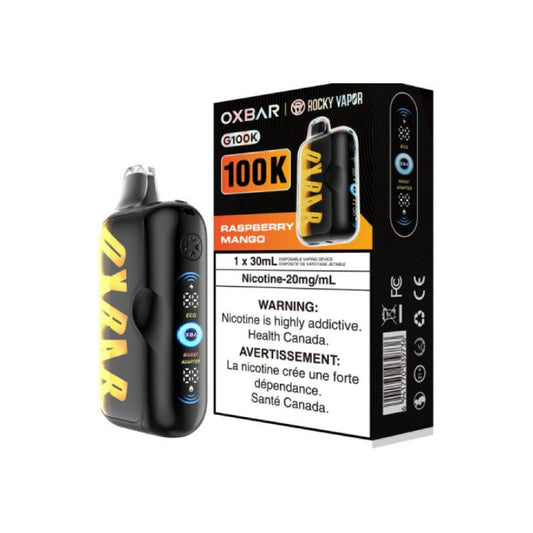 Oxbar 100K Raspberry Mango disposable vape device with packaging and LED display