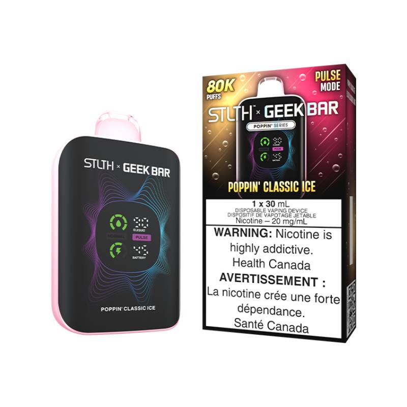 STLTH x GEEK BAR Poppin' Series 80K Poppin' Classic Ice disposable vape with retail packaging