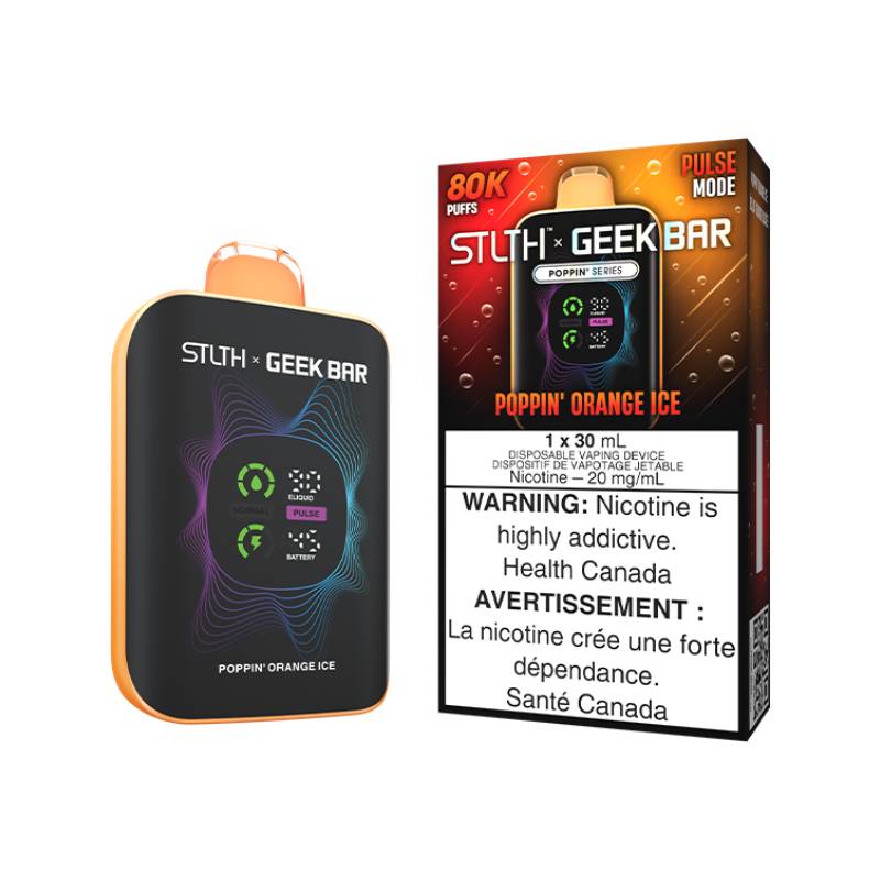 STLTH x GEEK BAR Poppin' Series 80K Poppin' Orange Ice disposable vape with retail packaging