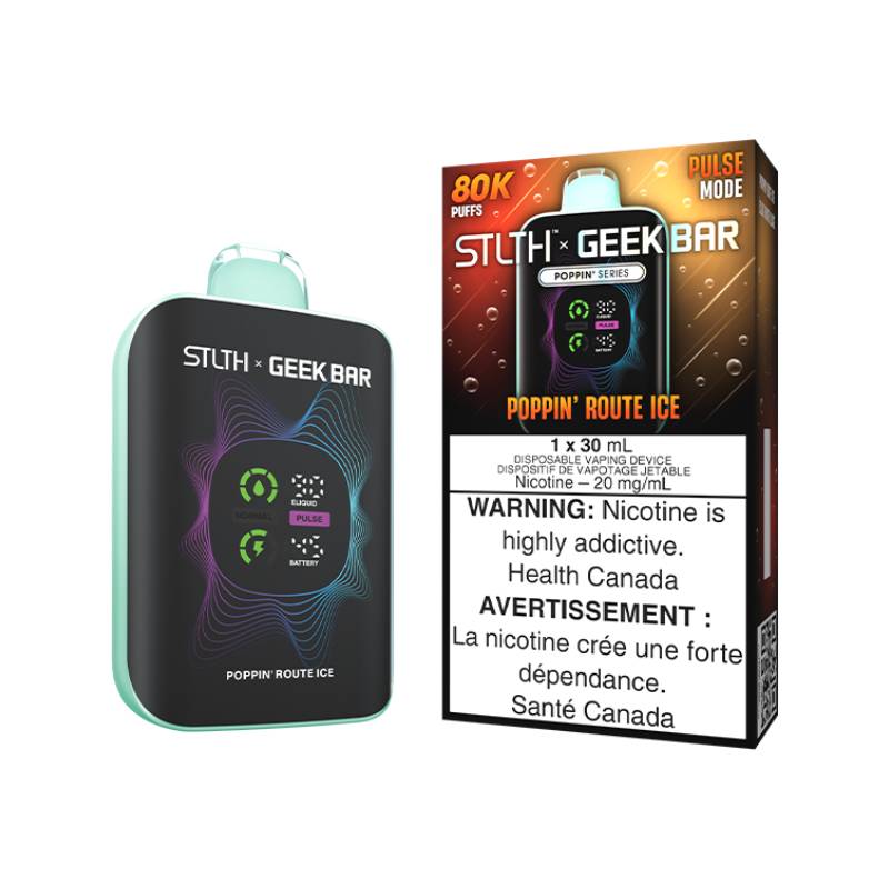 STLTH x GEEK BAR Poppin' Series 80K Poppin' Route Ice disposable vape with retail packaging