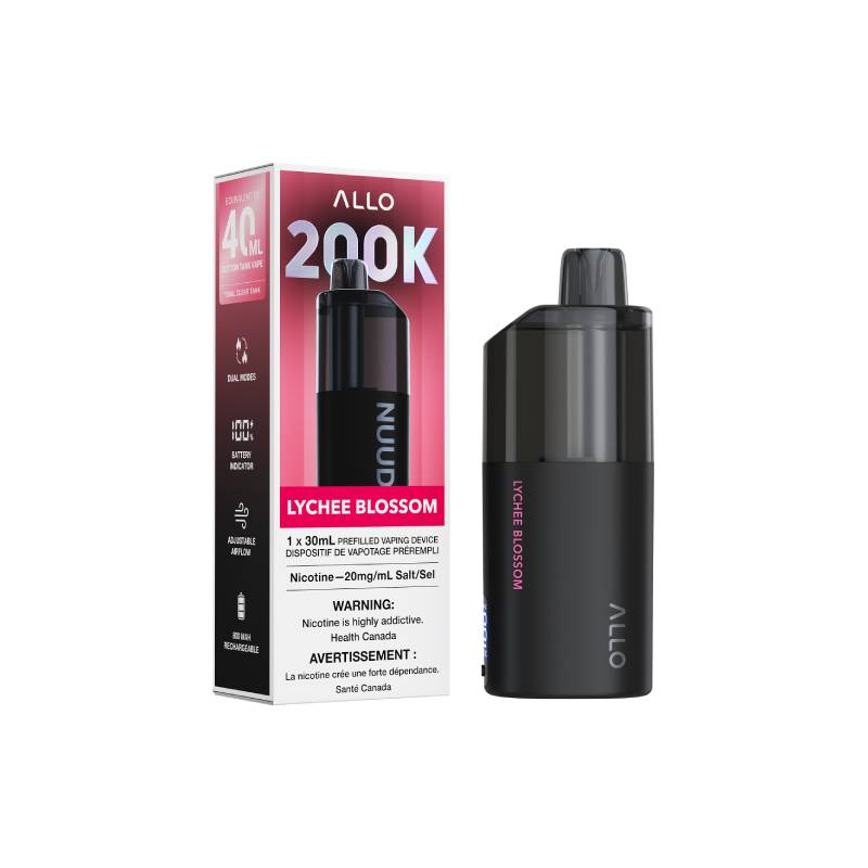 ALLO NUUD 200K Lychee Blossom disposable vape with retail packaging