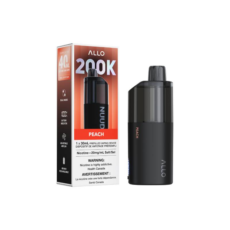 ALLO NUUD 200K Peach disposable vape with retail packaging