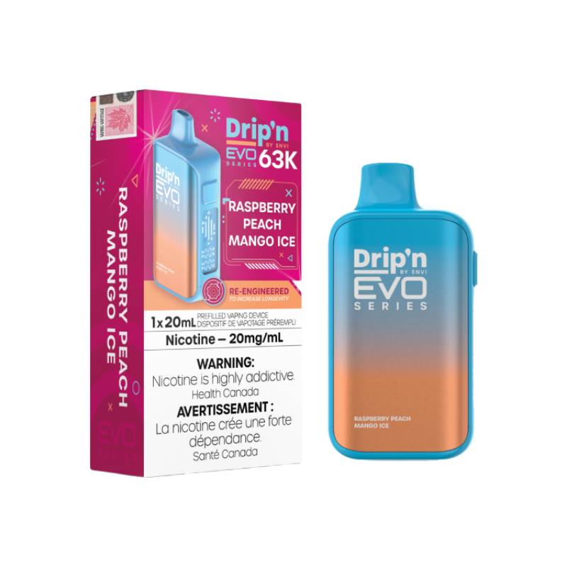 Drip'n by Envi EVO 63K Disposable Vape - Raspberry Peach Mango Ice Flavour