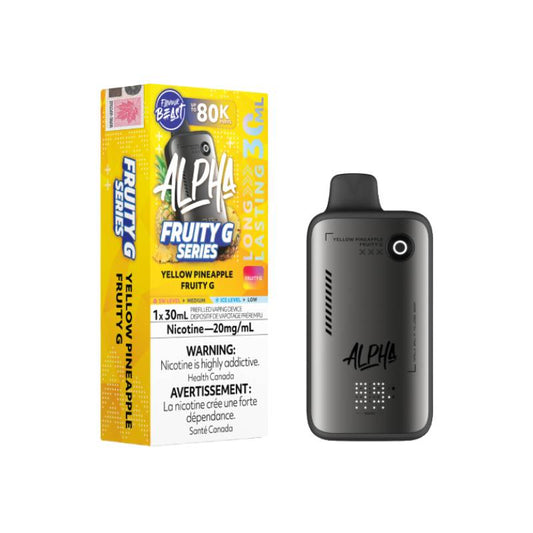 Flavour Beast Alpha 80K disposable vape Yellow Pineapple Fruity G flavour 30mL 20mg nicotine device and packaging
