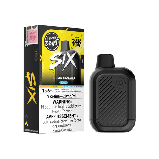 Flavour Beast SIX 24K Bussin' Banana disposable vape with retail packaging