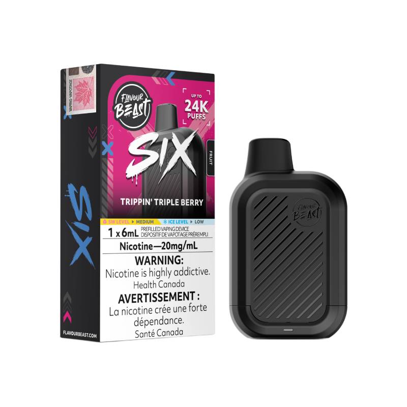 Flavour Beast SIX 24K Trippin' Triple Berry disposable vape with retail packaging