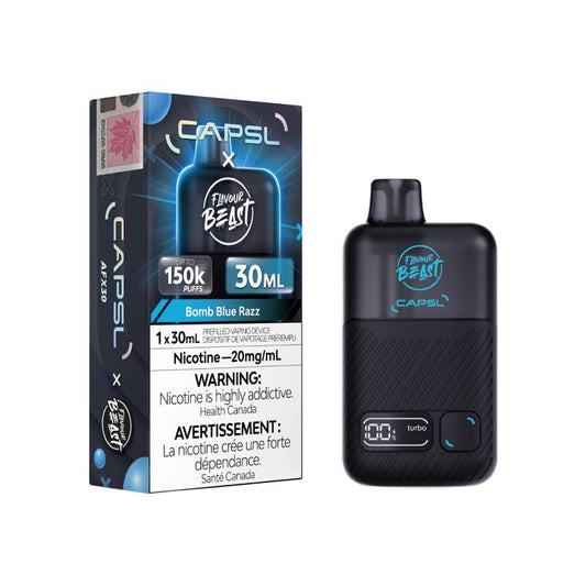 Flavour Beast x CAPSL AFX30 150K Bomb Blue Razz disposable vape with retail packaging