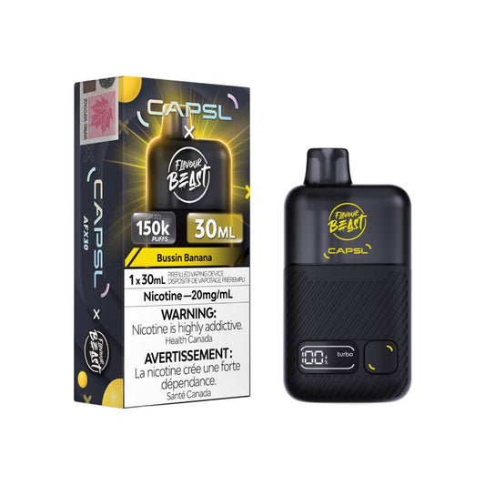 Flavour Beast x CAPSL AFX30 150K Bussin' Banana disposable vape with retail packaging