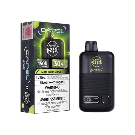 Flavour Beast x CAPSL AFX30 150K Meta Melon Citrus disposable vape with retail packaging