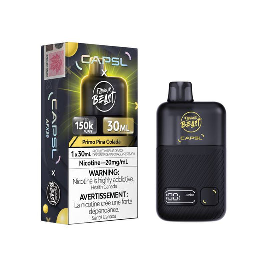 Flavour Beast x CAPSL AFX30 150K Primo Pina Colada disposable vape with retail packaging
