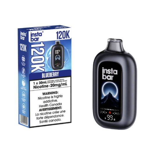 Insta Bar 120K Blueberry disposable vape device with 30mL e-liquid capacity and 20mg nicotine strength