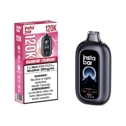 Insta Bar 120K Dragonfruit Strawberry disposable vape device with 30mL e-liquid capacity and 20mg nicotine strength