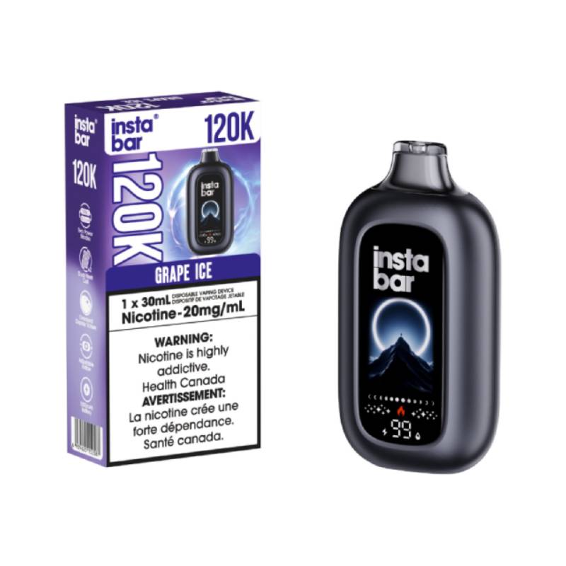 Insta Bar 120K Grape Ice disposable vape device with 30mL e-liquid capacity and 20mg nicotine strength