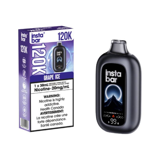 Insta Bar 120K Grape Ice disposable vape device with 30mL e-liquid capacity and 20mg nicotine strength